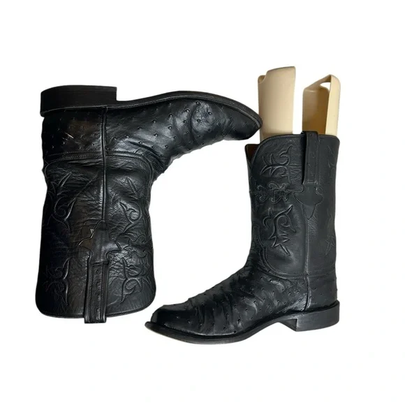 Lucchese Black Full Quill Ostrich Leather Cowboy Western Boots Men's 10.5